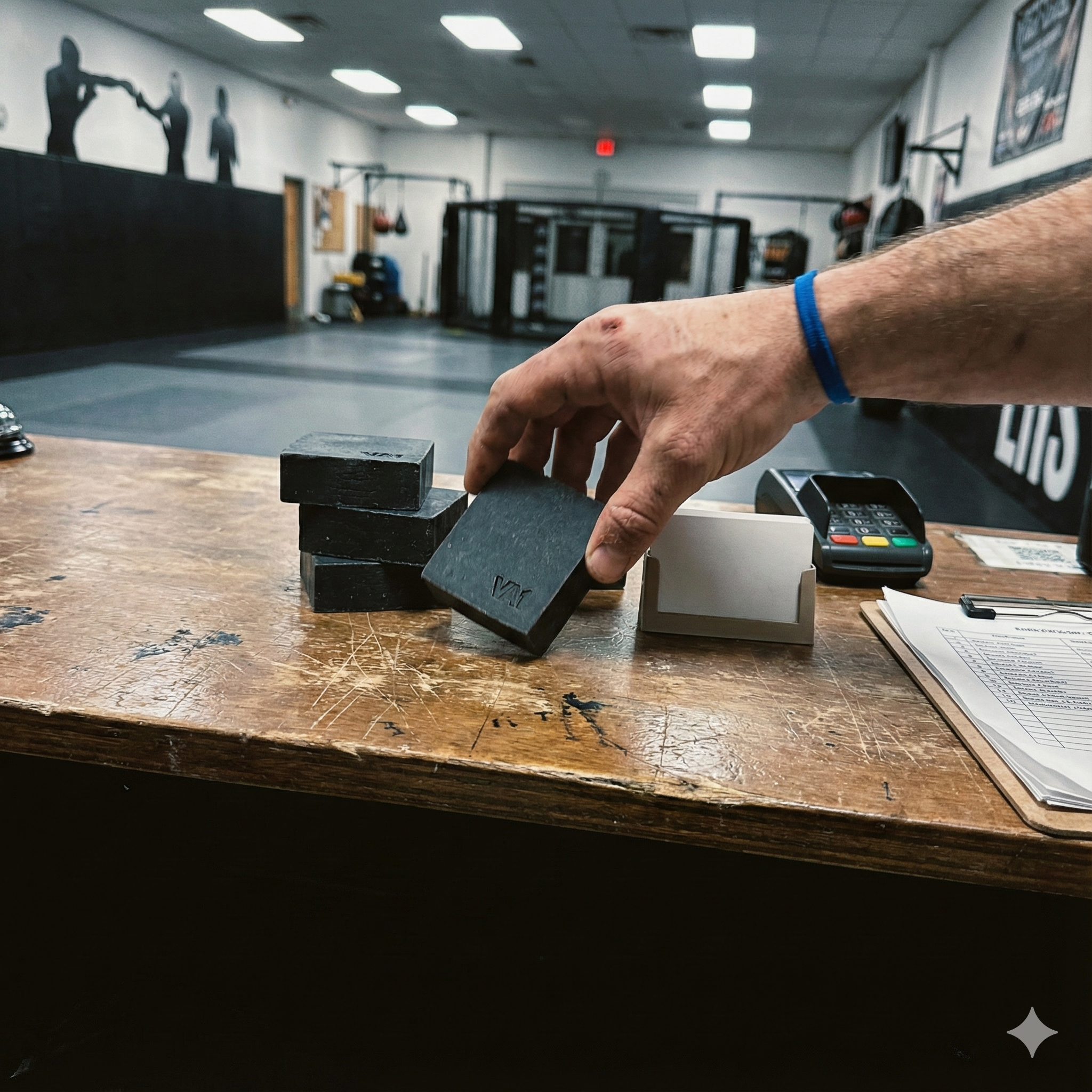 Platzierung der VA1 Core Bar an der MMA Gym Theke neben dem Kartenterminal. Point of Sale für direkte Mat Defense Versorgung im Studio.