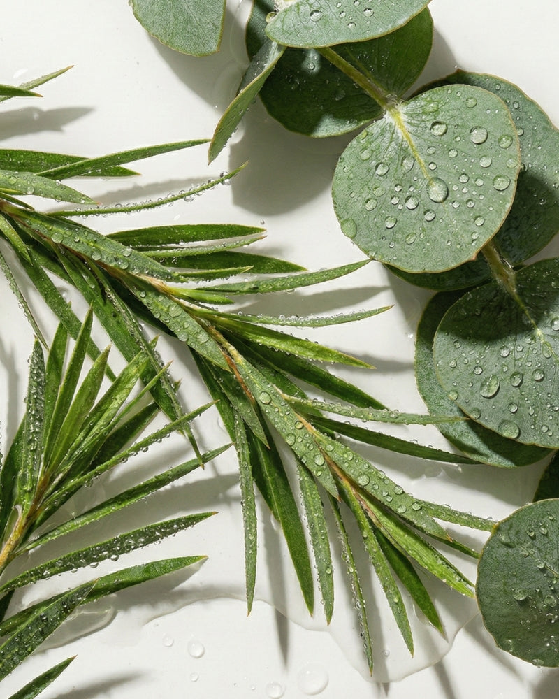 Frische Teebaum- und Eukalyptus-Zweige mit Wassertropfen. Natürliche ätherische Öle in der VA1 Core Bar zur Unterstützung der Hygiene-Prävention.