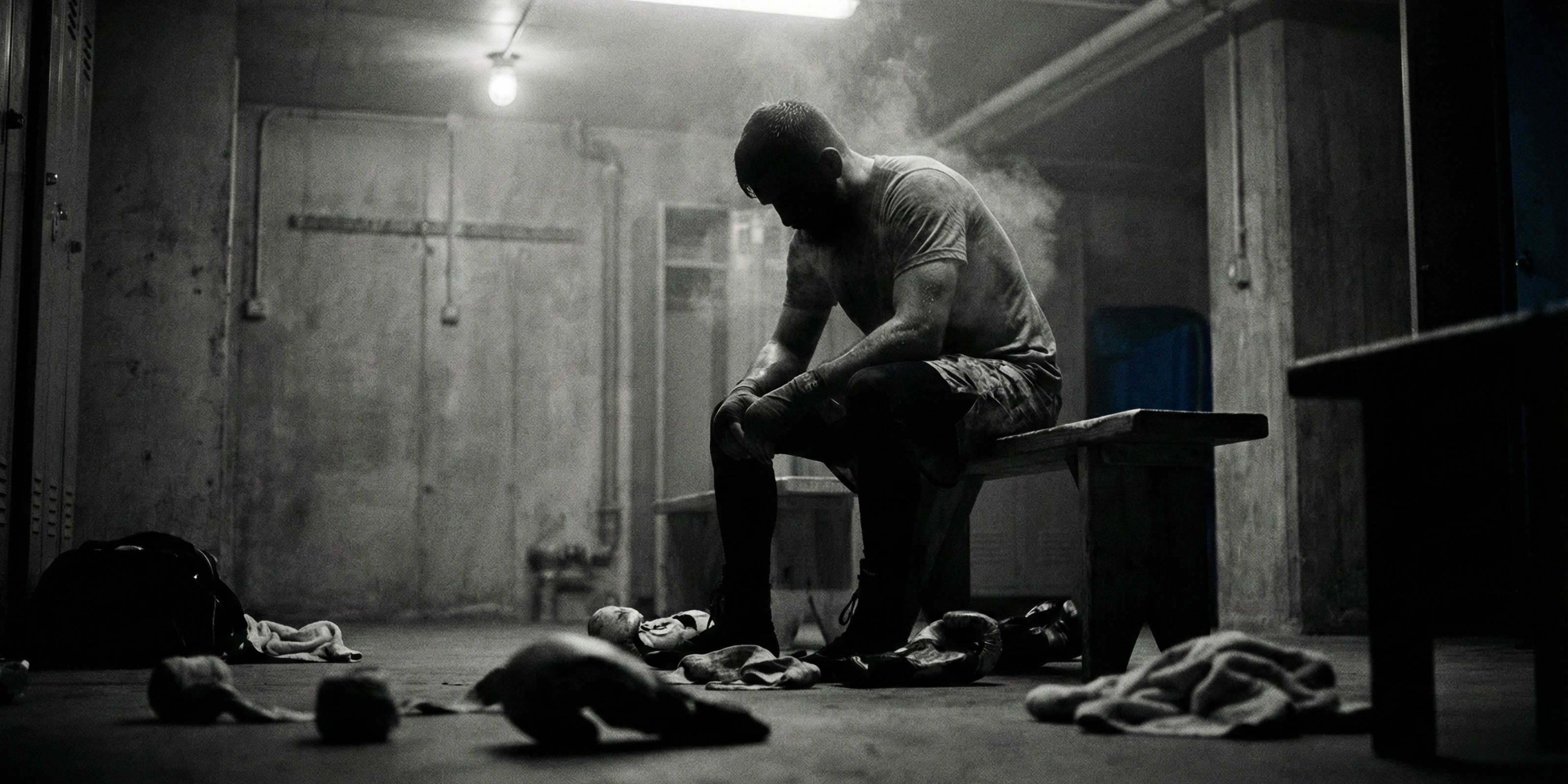 Erschöpfter Athlet im Locker Room nach dem Training. Visualisierung des Aftermath und der Notwendigkeit von Hygiene und Recovery vor dem Duschen.