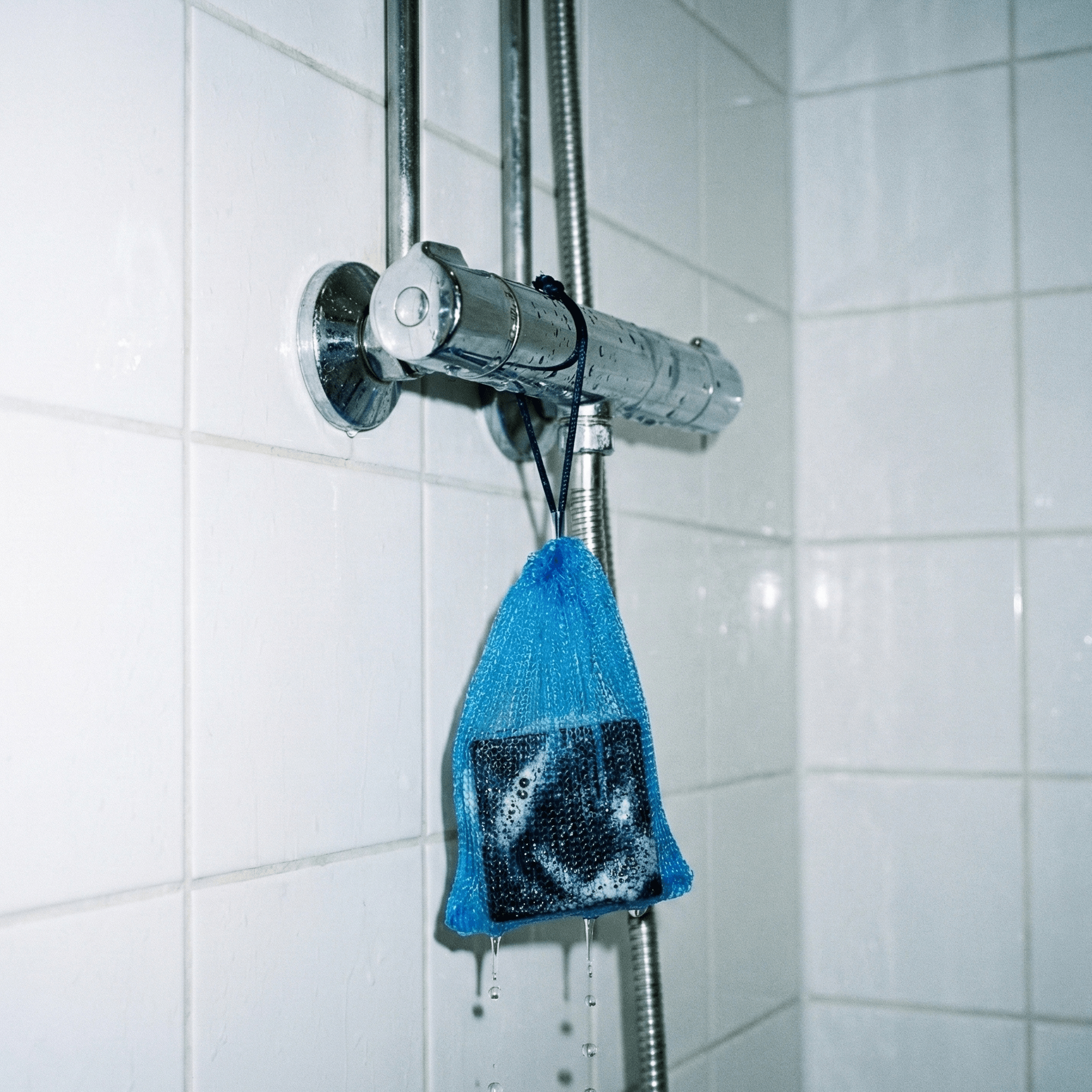 Blauer VA1 Seifenbeutel hängt tropfend an der Duscharmatur zur hygienischen Trocknung der Core Bar. Optimale Infrastruktur für Matten-Hygiene nach dem Training.