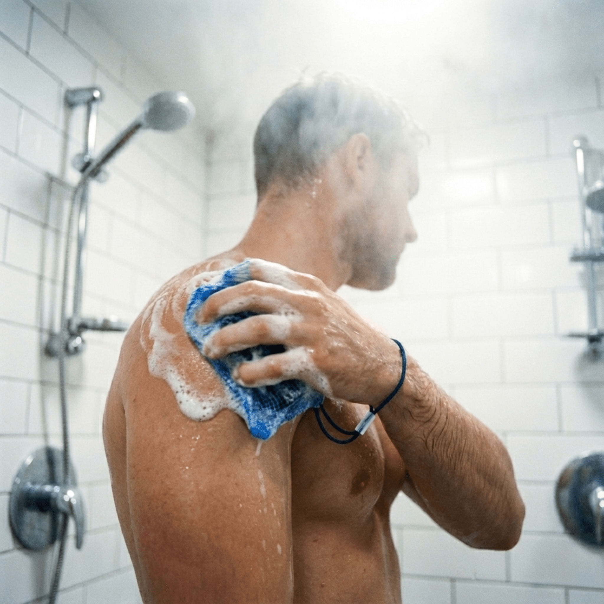 Anwendung des VA1 Seifenbeutels aus Polyamid für mechanischen Peeling-Effekt. Athlet reinigt Haut mit schäumender Core Bar Aktivkohle Seife nach BJJ und Grappling Training.