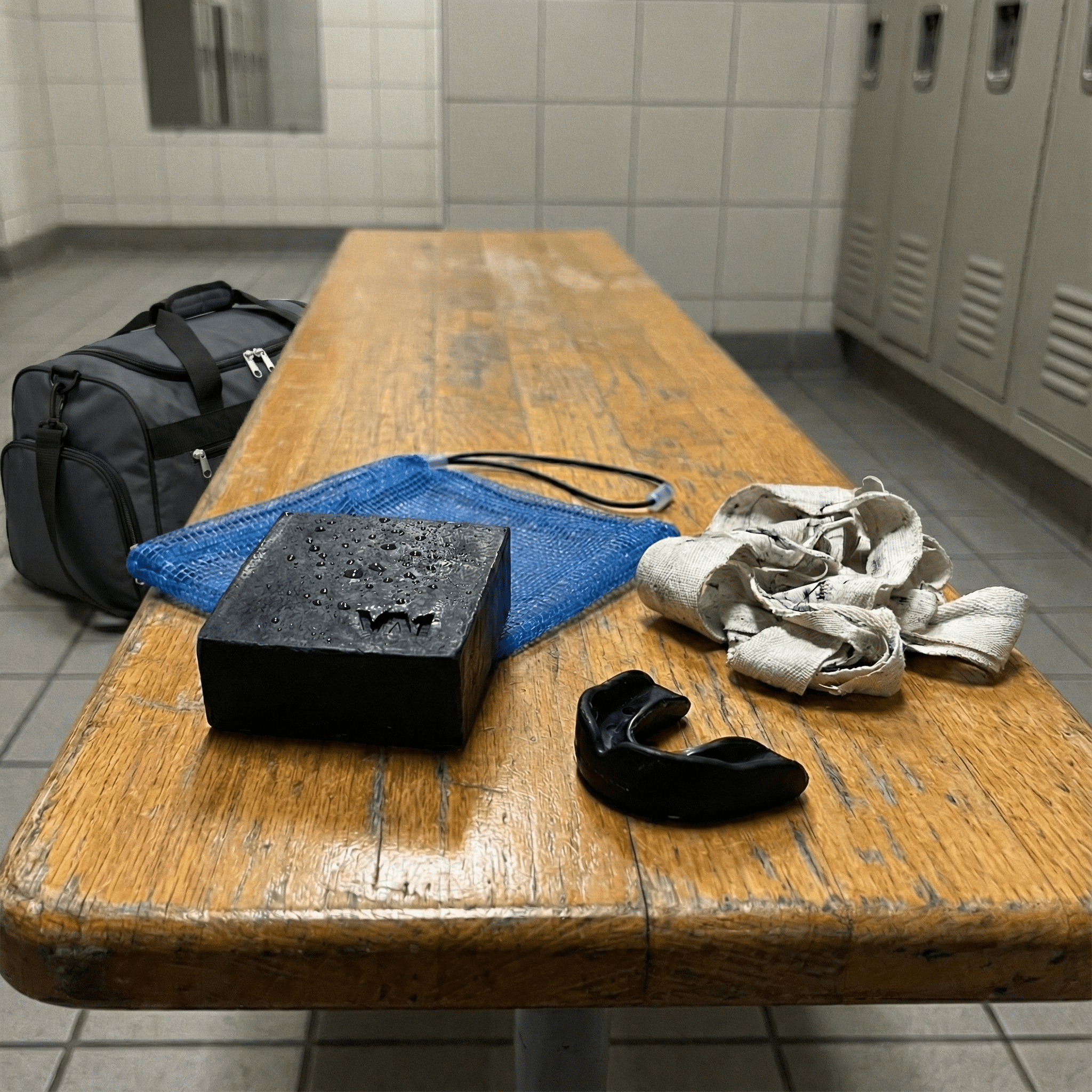 VA1 Core Bar und Seifenbeutel auf der Umkleidebank neben Mundschutz und Bandagen. Essential Mat Defense Gear und Hygiene-Routine nach dem Sparring.