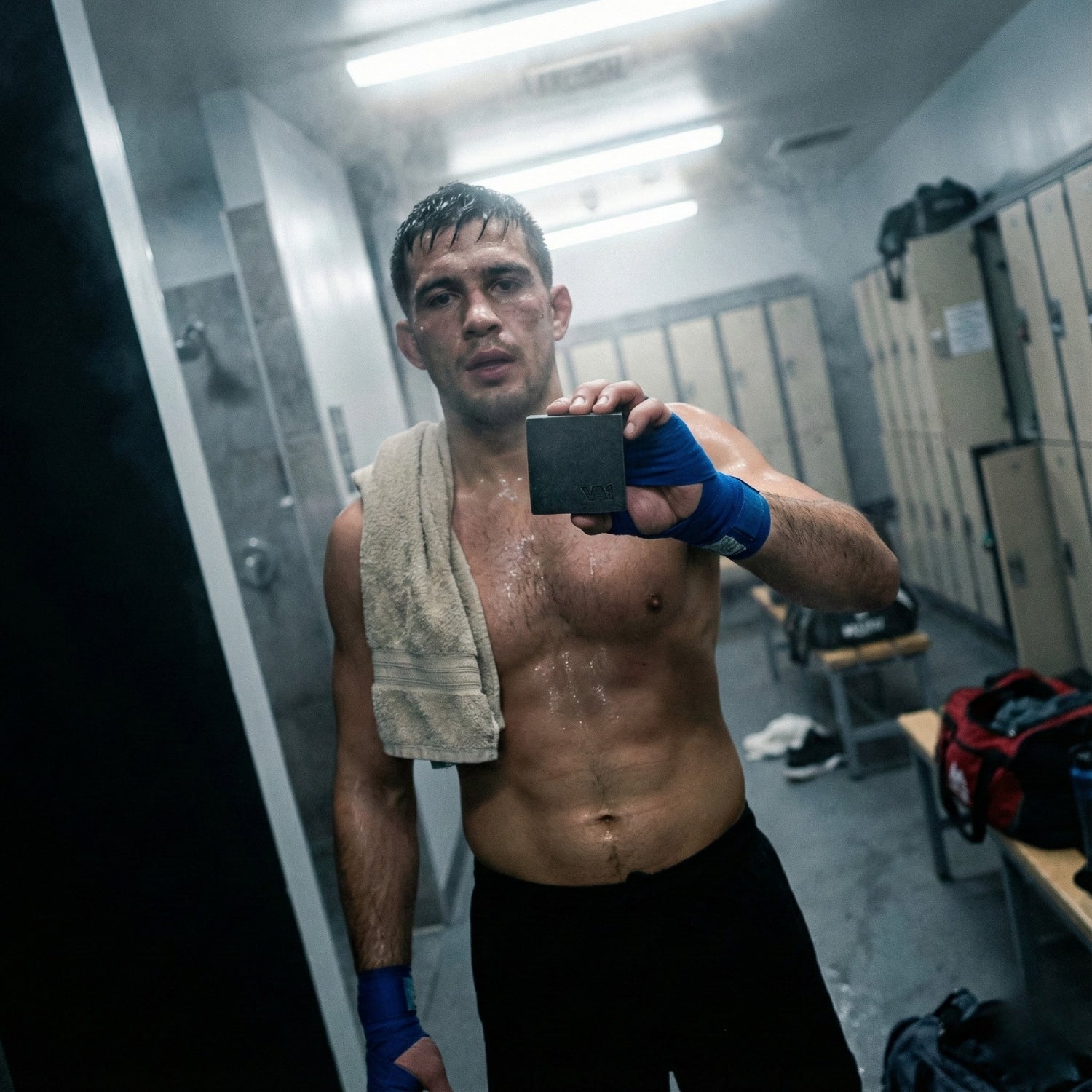 Verschwitzter MMA Kämpfer mit Bandagen hält die VA1 Core Bar Aktivkohle Seife. Essential Mat Defense Routine im Locker Room direkt nach dem Sparring.