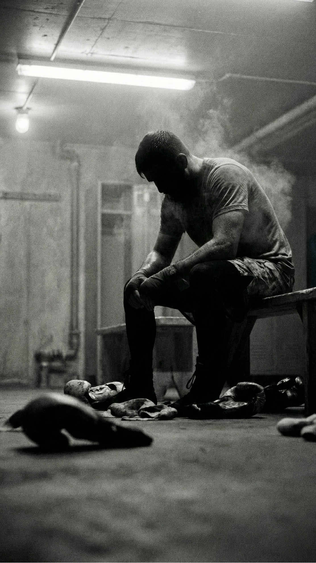 Mobile Ansicht: Erschöpfter Athlet im nebligen Locker Room. Vertikaler Mood-Shot, der die Atmosphäre nach dem harten Training und den Bedarf an Mat Defense Hygiene einfängt.